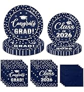 Navy Blue and Silver Graduation Paper Plates and Napkins Serve 50, Polka Dots Graduation Decorati...