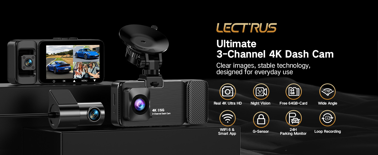 4K Dash Cam Front and Rear Inside, 3-Channel Cars Camera Dash