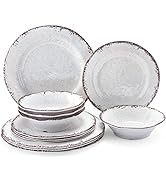 LEHAHA Vintage White Melamine Dinnerware set-12 Piece Lightweight Unbreakable Outdoor Camper Plat...