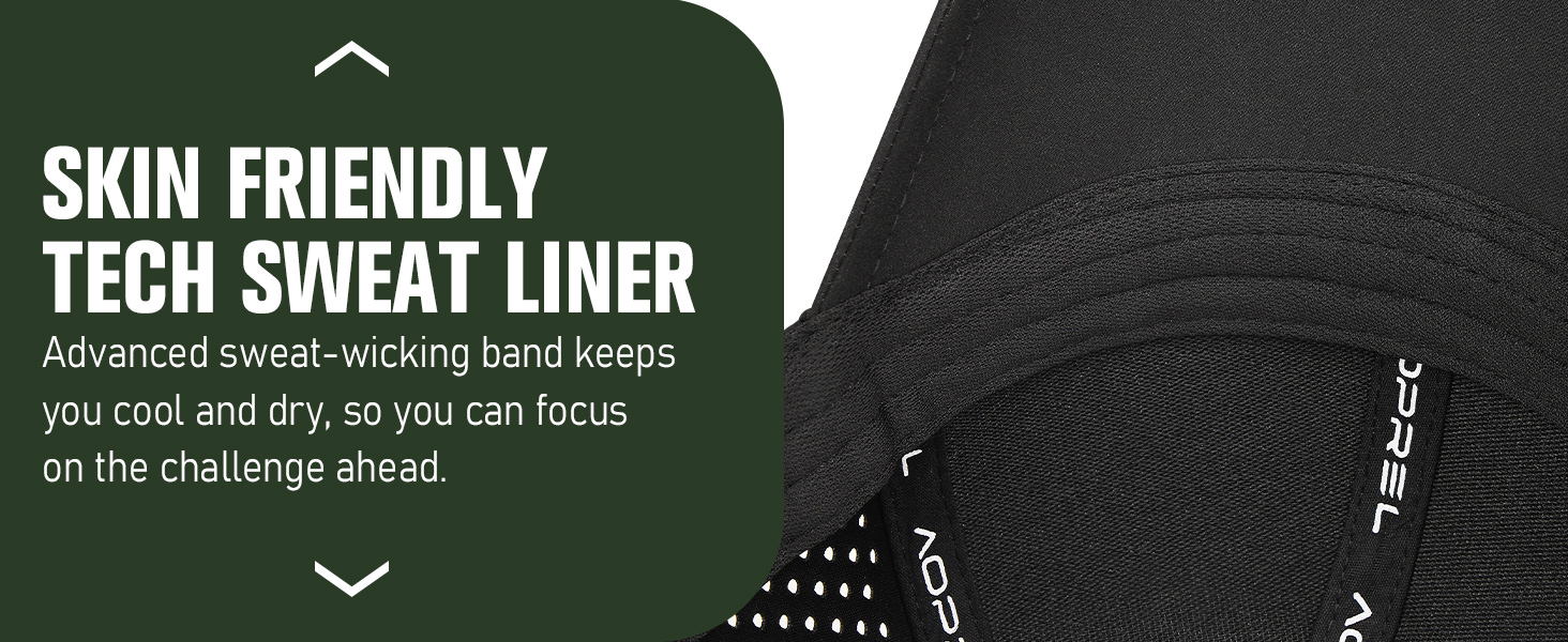 Close-up of a black sweat-wicking headband with perforated design. Text promotes 'Skin Friendly Tech Sweat Liner' for keeping cool and dry during activities.