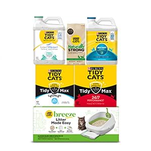 A wide variety of Tidy Cats cat litter products is shown in various packaging types.