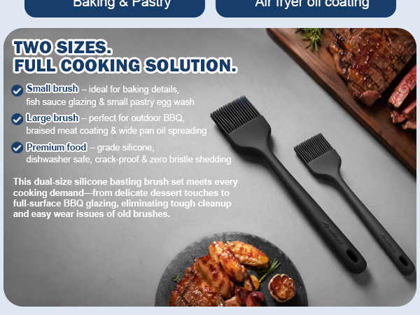 2-size silicone basting brush set for baking and BBQ, food-grade safe with no shedding bristles