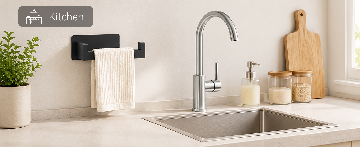 Black adhesive wall towel rack, modern kitchen sink area, hanging kitchen towel, no-drill storage