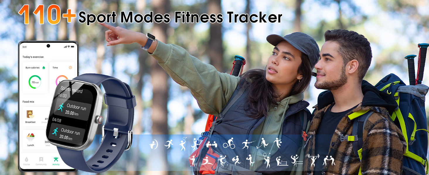 Fitness tracker smartwatch interface showing sport modes and activity tracking, with exercise icons and mobile app integration displayed.