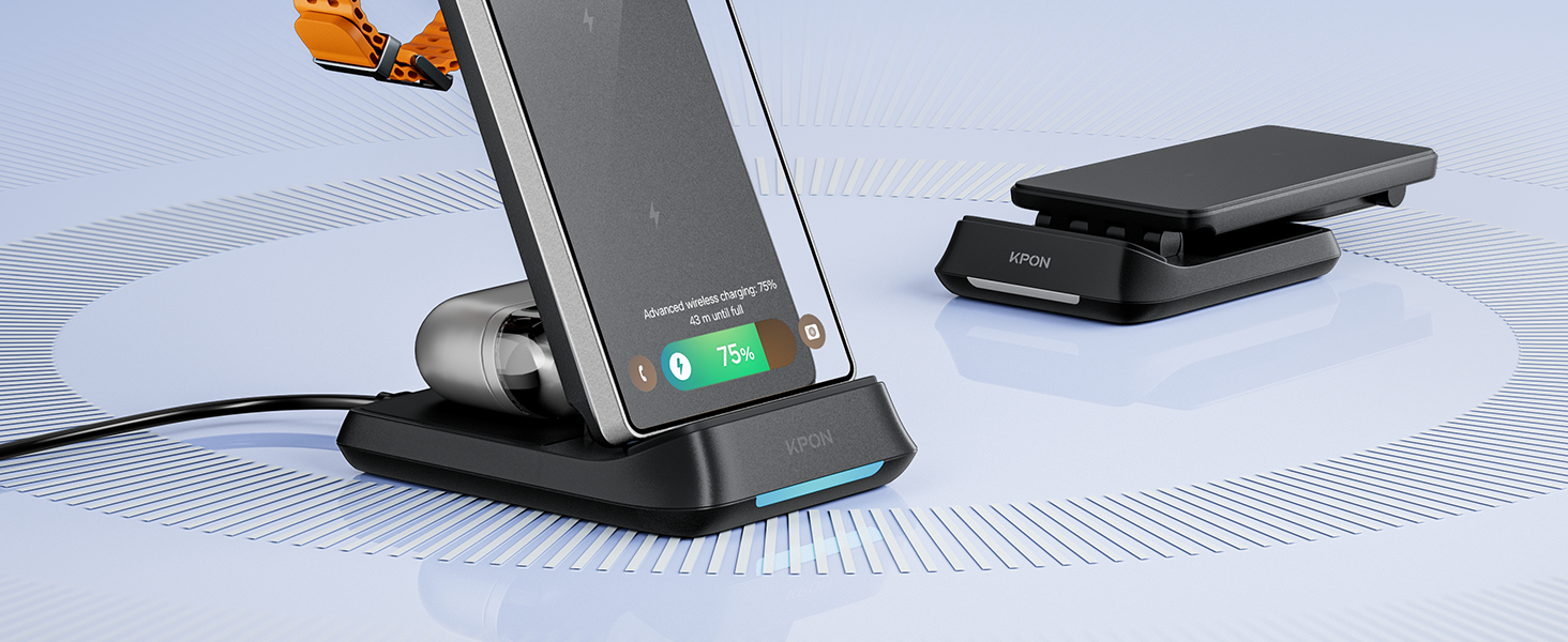 Smartphone wireless charging stand with a phone docked, displaying a green charging indicator. A separate, flat wireless charging pad is visible nearby.