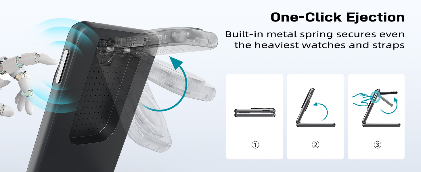 Smartphone case with built-in metal spring for one-click ejection of watches and straps. Three-step illustration shows case opening and closing mechanism.