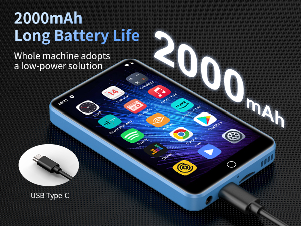 Blue smartphone with 2000mAh battery capacity, displaying app icons on screen. USB Type-C cable connected, emphasizing long battery life feature.