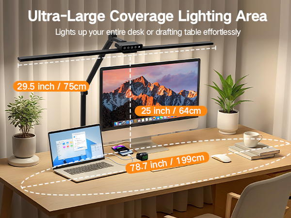 Text reads 'Ultra-Large Coverage Lighting Area' with measurements '23.6 inch / 60 cm' and '15.7 inch / 40 cm'. Desktop setup showing monitor, laptop, and lighting coverage diagram.