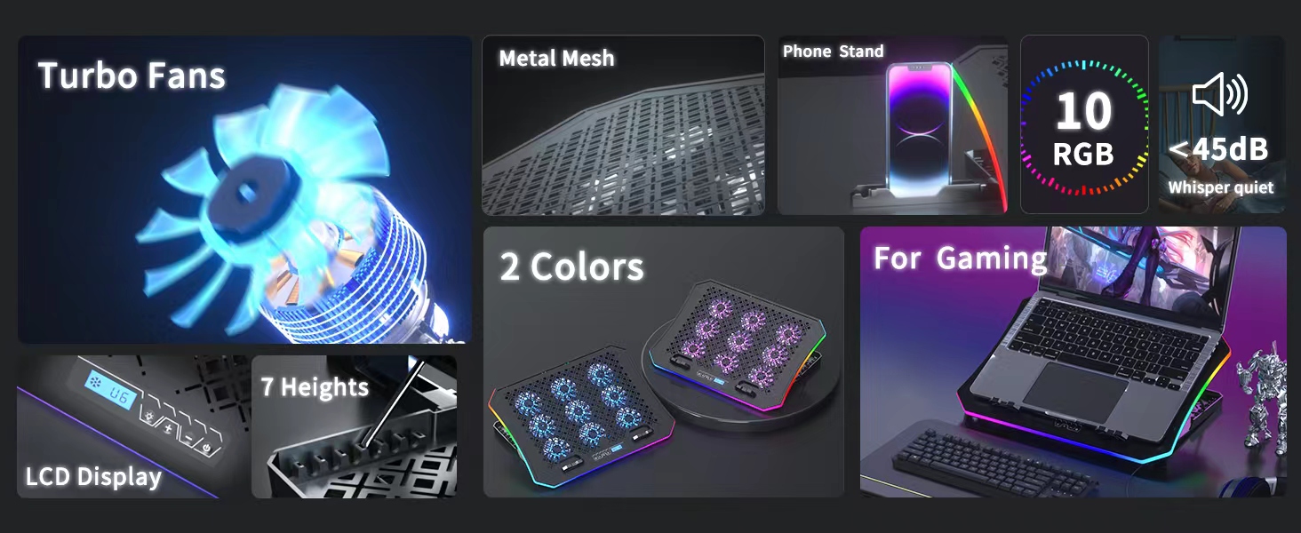 9 turbo fans, 10 RGB lights, whisper quiet, LCD display,perfect for gaming &amp,working, phone stand