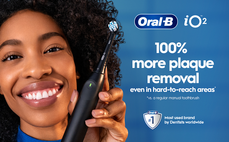 Oral-B iO2 100% more plaque removal even in hard-to-reach areas* * vs. a regular manual toothbrush.