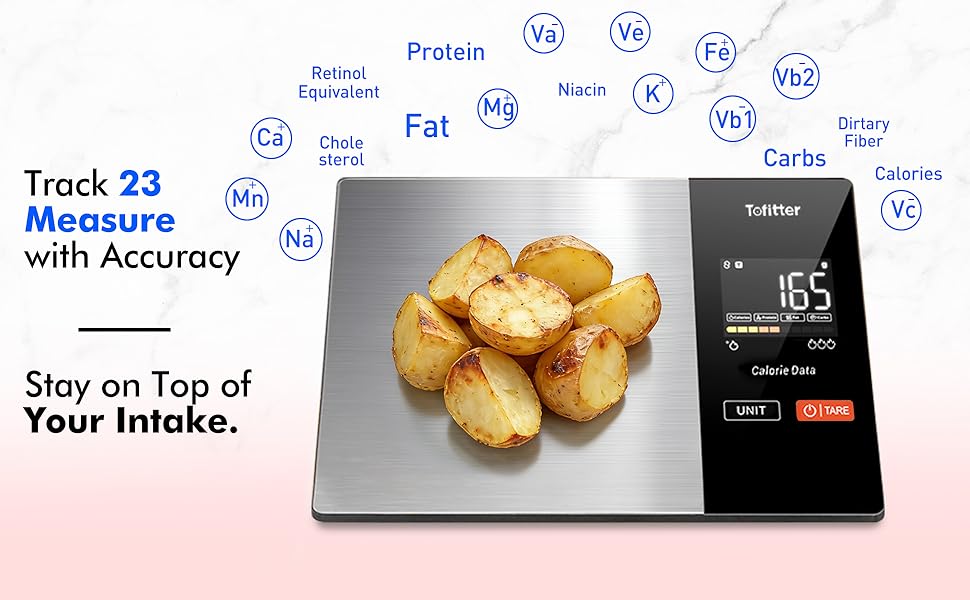 Text reads: 'Track 23 Measure with Accuracy' and 'Stay on Top of Your Intake.' Smart food scale displaying weight with nutritional information icons surrounding a plate of fried potatoes.