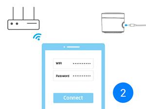 WiFi connection interface showing router setup screen with password entry fields and a connect button in light blue design.