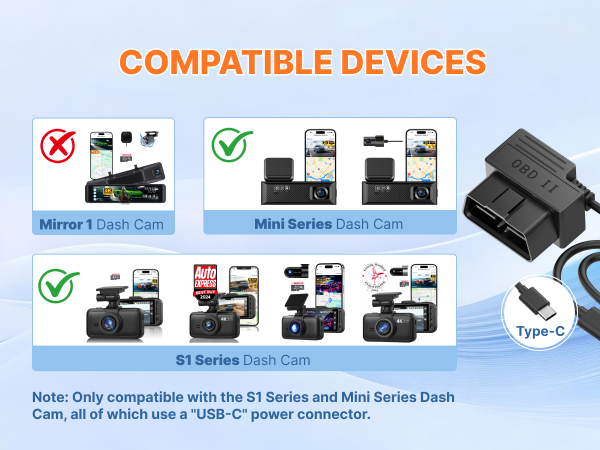 Type-C OBD II Charging Cable, Compatible with Miofive and major Dash Cams