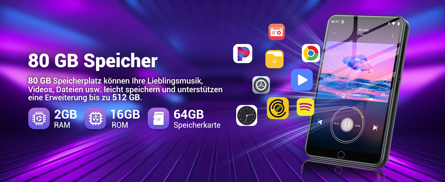 Text reads '80 GB Speicher'. Mobile phone interface display showing storage allocation with app icons and memory indicators against purple gradient background.