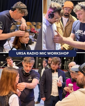 Workshop setting with multiple people gathered around audio equipment, labeled as 'URSA RADIO MIC WORKSHOP' showing hands-on instruction scenarios.