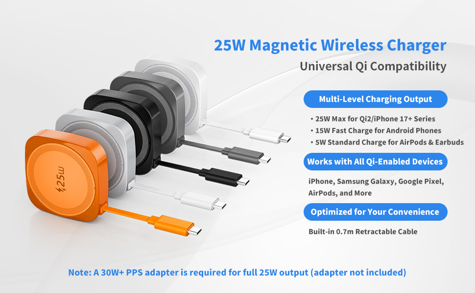 25W Magnetic Qi Wireless Charger with retractable cable,multi-power charging for Qi phones &amp;amp; earbuds
