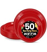 LANLISA 50 Pcs Red Plastic Plates For Party, 25-9" &amp; 25-7" Disposable Cake Dessert Plates For Bir...