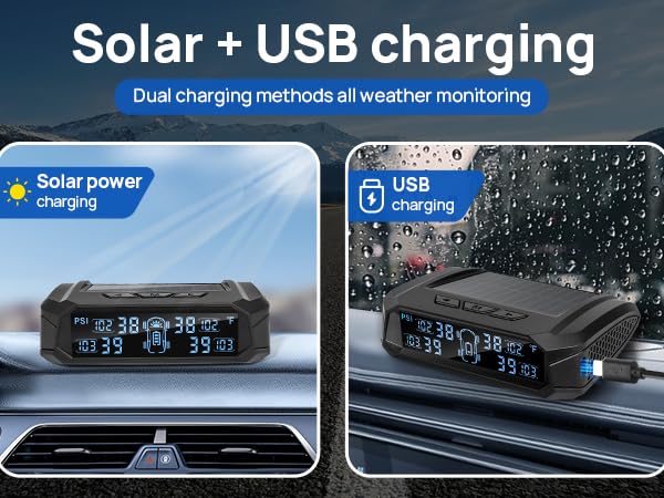 Masoll Tire pressure monitor is solar and USB charging,dual chargeing ensure monitoring all weather