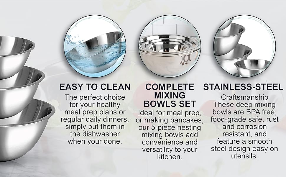 stainless steel complete mixing bowls set - easy to clean