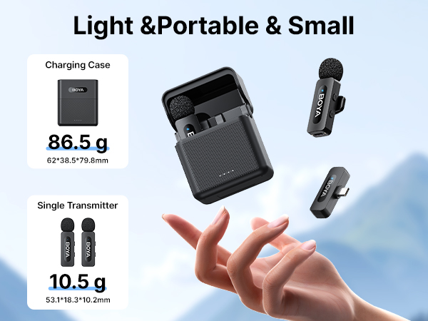 Lightweight portable audio device with charging case and single transmitter. Case weighs 86.5g, transmitter 10.5g. Described as light, portable, and small.