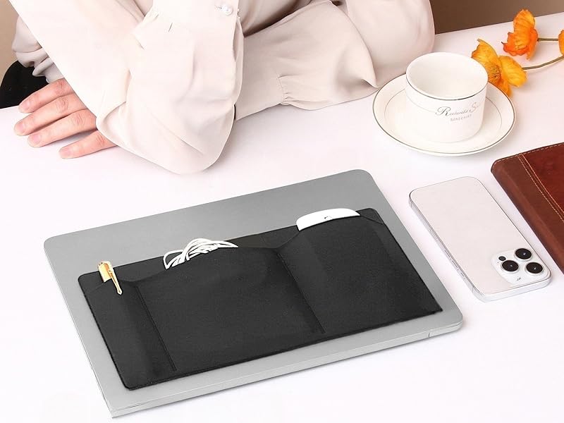3-Pocket Stick-On Laptop Organizer on MacBook holding cables, mouse &amp;amp;amp; pen on desk with coffee