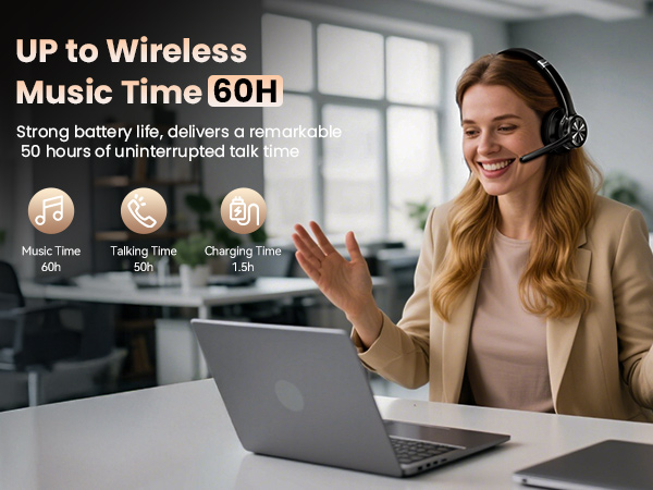 Text reads 'UP to Wireless', 'Music Time 60H', 'Strong battery life, delivers 6'. Marketing image showing person wearing wireless headphones while working at laptop.