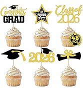 48 PCS Graduation Cupcake Toppers, 6 Styles Congrats Grad Cake Topper, Black and Gold Graduation ...
