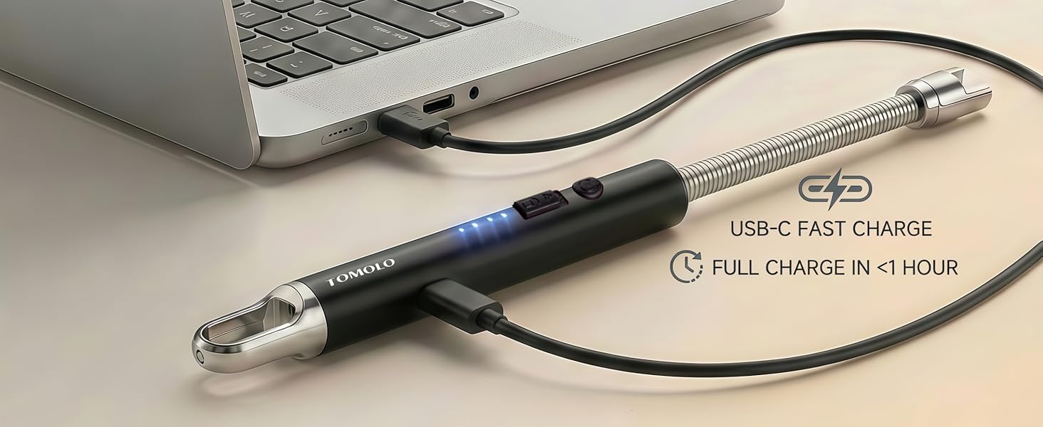 USB-C rechargeable electric candle lighter charging from laptop with battery indicator