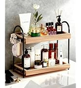 2-Tier Perfume &amp; Makeup Organizer with 8 Jewelry Hooks, Eco-Coated Paulownia Wood Vanity Tray for...