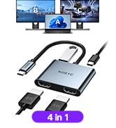 4-in-1 HDMI splitter device with connection cables, shown with dual monitor display setup illustration.