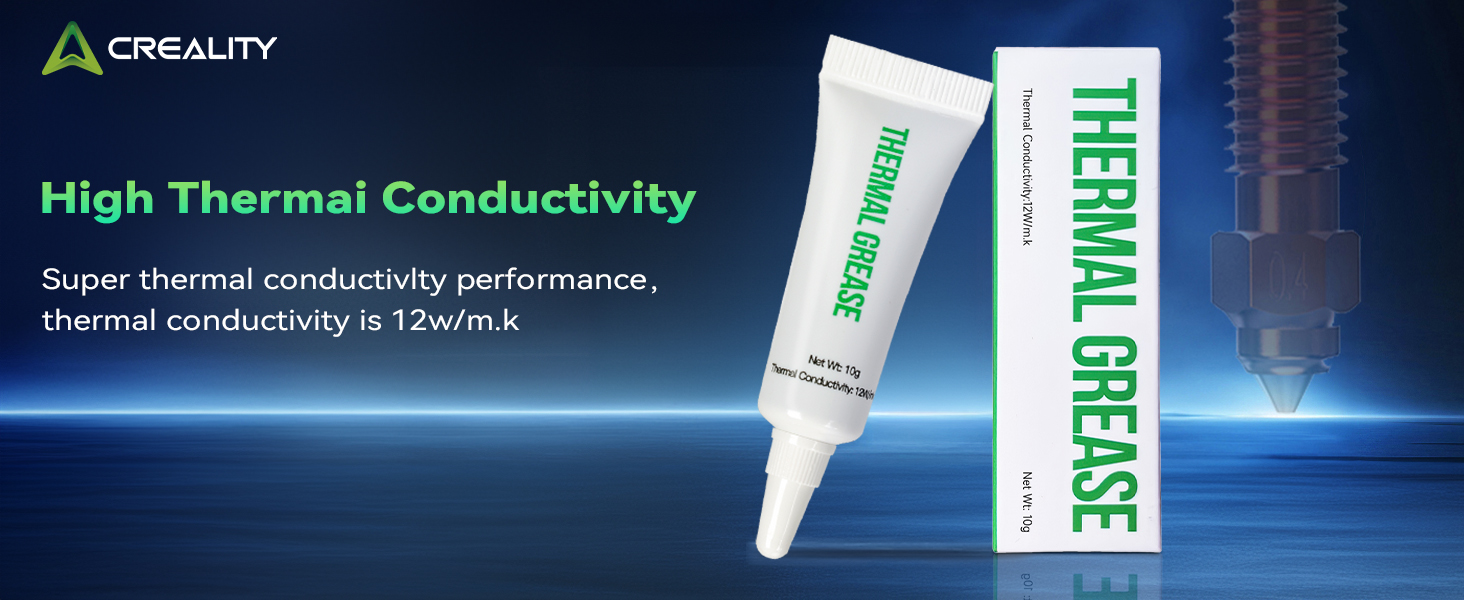 Creality thermal paste product advertisement showing white tube against blue tech background, highlighting high thermal conductivity of 12w/m.k.