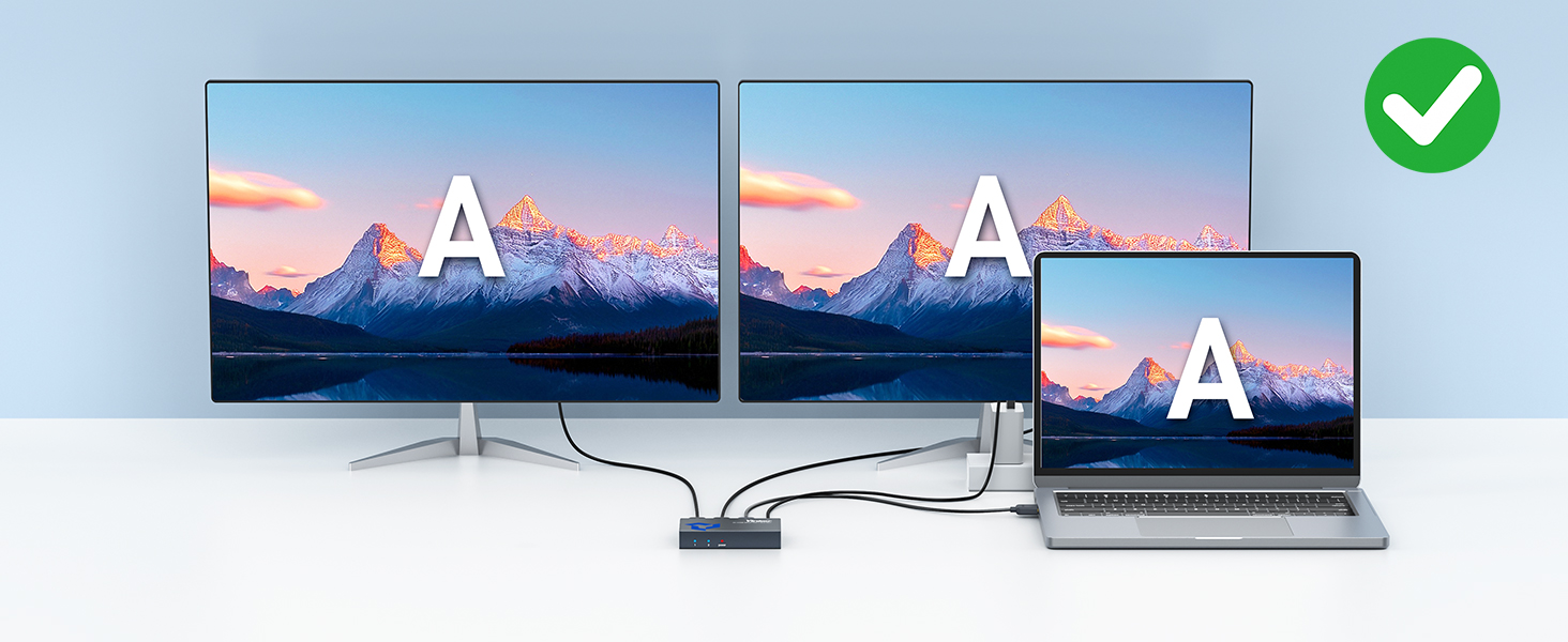 Multiple computer monitors displaying matching wallpaper of mountain scenery, arranged to show different screen configurations with green checkmark.