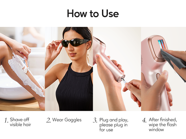 Four-panel instruction guide for hair removal device: shaving, wearing goggles, plugging in device, and cleaning flash window. Pink handheld device shown in use.