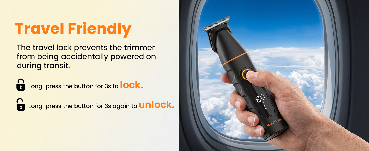 Text reads 'Travel Friendly' and 'The travel lock prevents the trimmer from being occasionally powered on during transit.' with icons showing 'Long press the button for 3s to LOCK' and 'Long press the button for 3s to UNLOCK'. Image shows a handheld trimmer device held in someone's hand against a blue sky background.