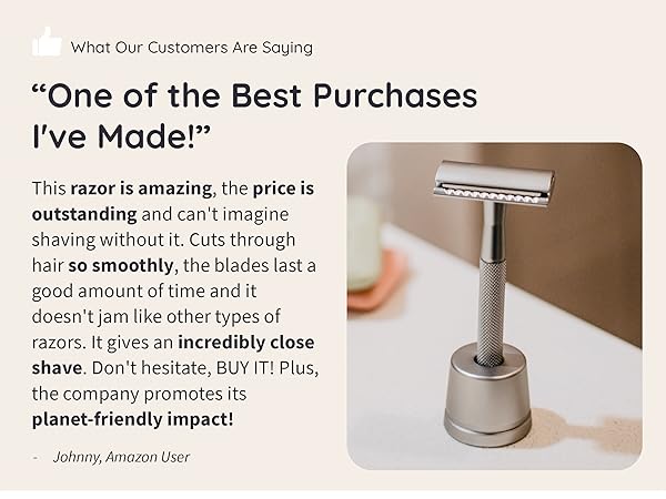 Silver safety razor with long handle on white background. Customer review text praises its performance and close shave.