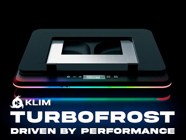 Three electronic devices shown with glowing RGB lighting effects. Text reads 'KLIM' and 'TURBOFROST' and 'DRIVEN BY PERFORMANCE' across the panels.
