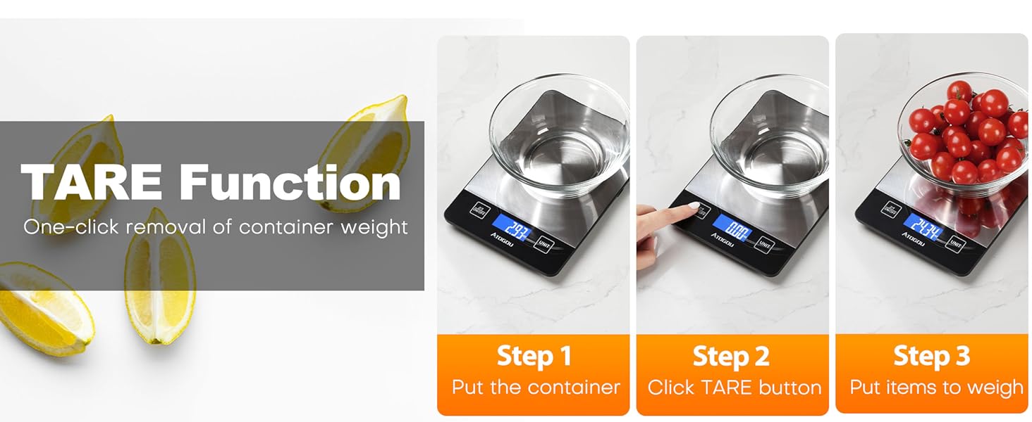 Atogou Food Scale, 33lb/15kg Rechargeable Kitchen Scale with Full-View Backlit LCD Display