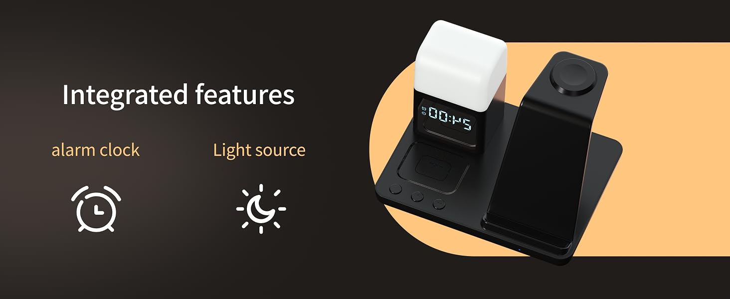 Wireless Charger for iPhone, 6in1 Fast Phone Charger Stand Dock Alarm Clock Night Light