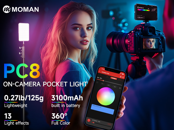 Moman PC8 on-camera pocket light for photography, featuring 0.27lb weight, 3100mAh battery, 13 light effects, and 360° full color control via smartphone app.