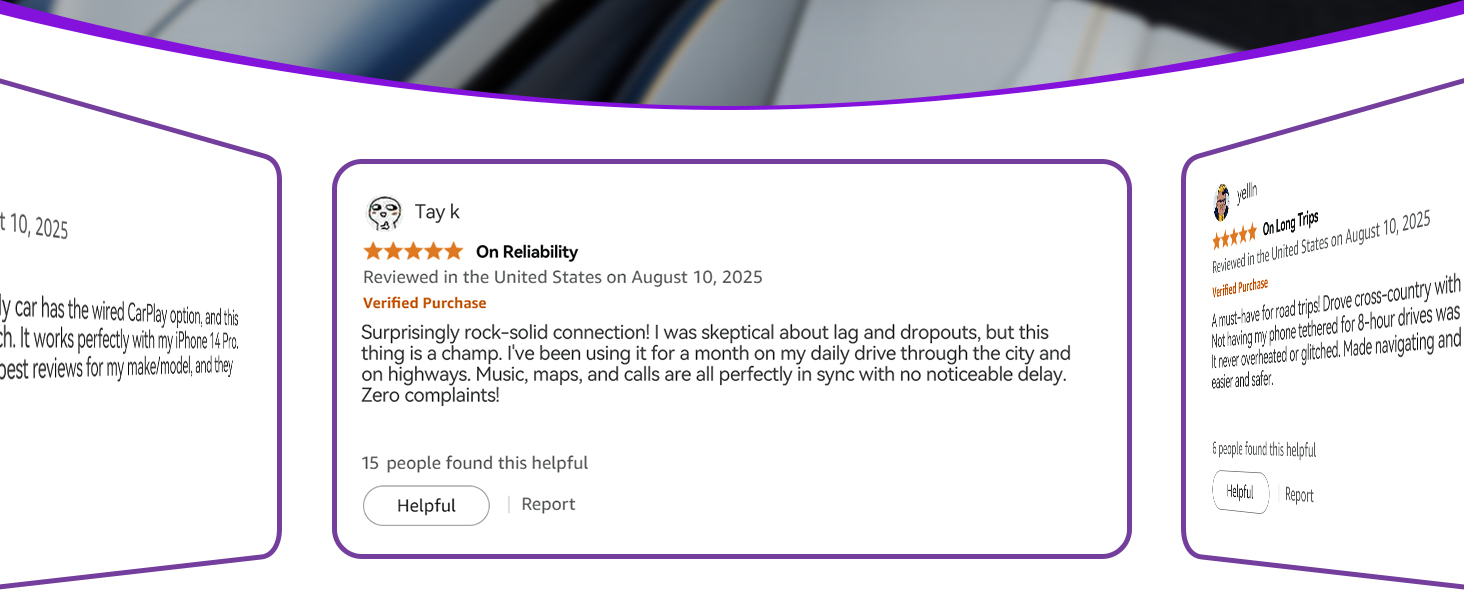 Verified customer feedback showing reliable wireless CarPlay adapter connection with no delay