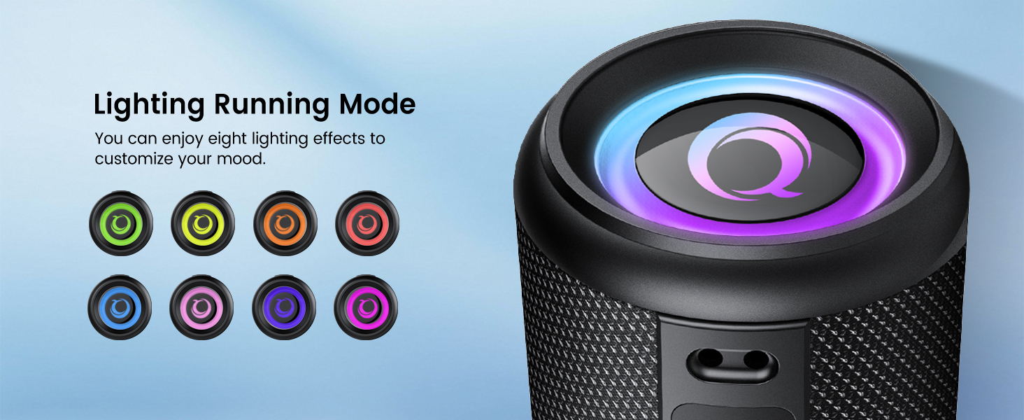 Text reads 'Lighting Running Mode' with row of circular mode icons below. Portable speaker with glowing purple and blue LED ring light on light blue background.