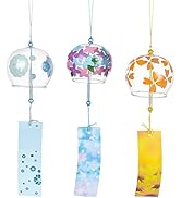 BENECREAT 3pcs Japanese Wind Chimes Flower Wind Bells Gold Blue Colorful Handmade Glass Pendants ...