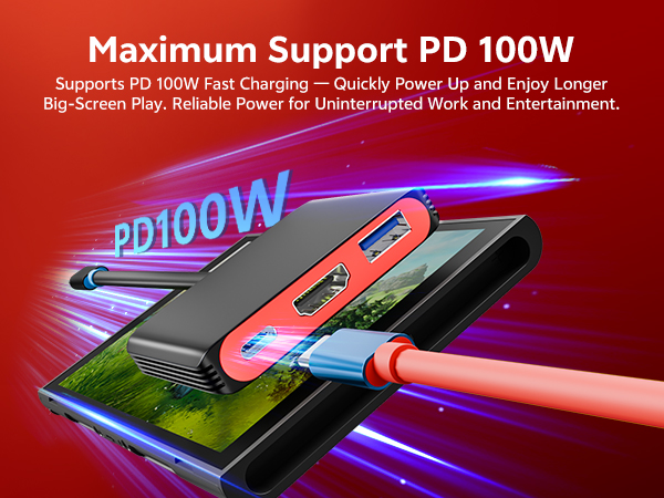 Text reads 'Maximum Support PD 100W', 'Supports PD 100W Fast Charging - Quickly Power Up and Enjoy Longer Big Screen Play, Reliable Power for Uninterrupted Work and Entertainment', 'pd100W'. Multicolored power bank charging smartphone and stylus pen on dark background.