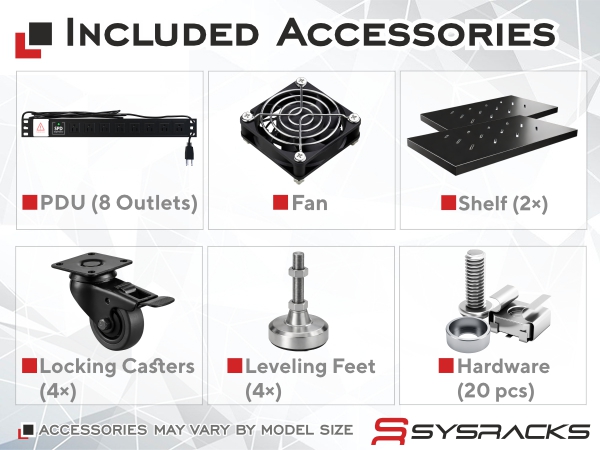 Server rack accessories displayed - PDU, FAN, 2 vented steel shelf, leveling feet, hardware