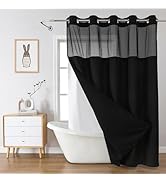eachope Black No Hook Waffle Weave Shower Curtain with snap-in Liner Replacement, 230GSM Waterpro...
