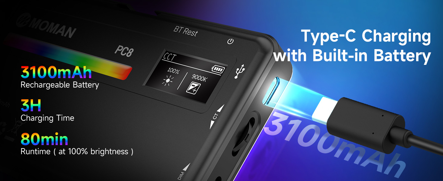 Electronic device with Type-C charging port showing 3100mAh battery capacity and 80-minute charging time specification displayed on screen with blue lighting.