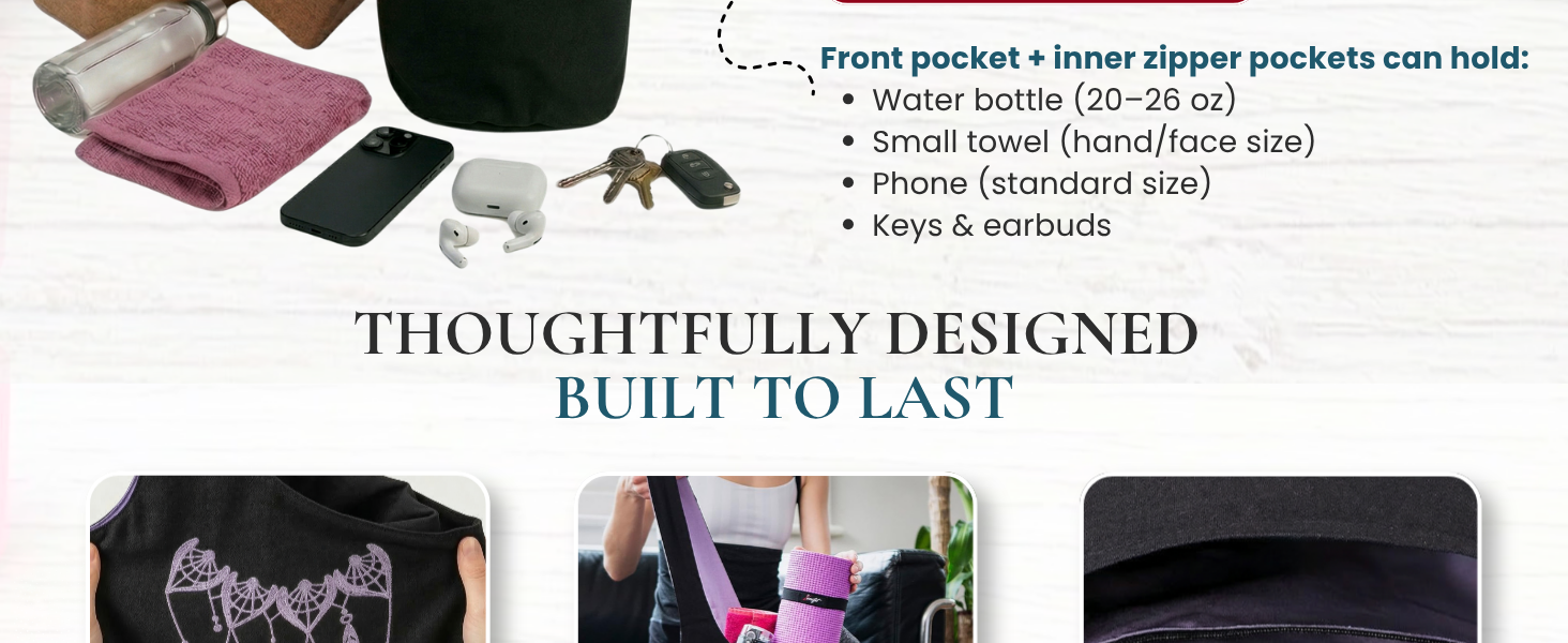 Additional accessories that fit in the yoga mat carrier, showing features and benefits
