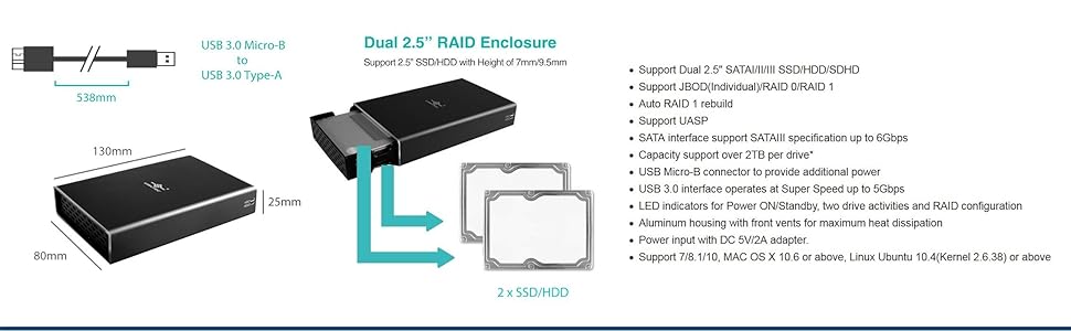 Dual bay, 2.5", SSD, HDD, SATA III, RAID, GX, USB 3.0, Aluminum, two drives, JBOD, RAID0, RAID1