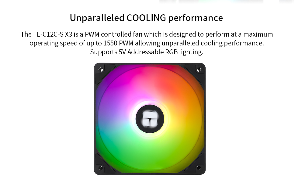 Thermaltake TL-C12C-S AIO PWM controlled cooling fan displaying RGB lighting effects, capable of 1,500 RPM with 5V addressable RGB lighting support.