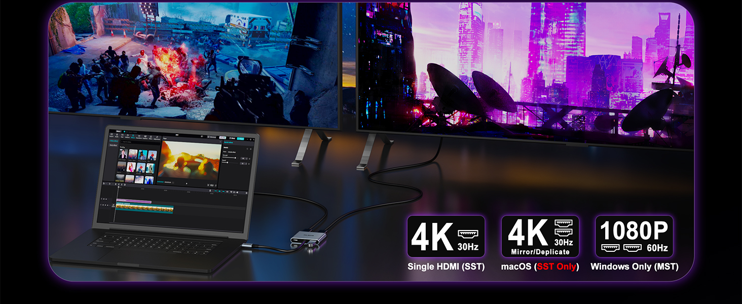 Multi-display setup with laptop showing video editing interface. Large screens above show action scene and futuristic cityscape. Text indicates 4K and 1080p output capabilities.